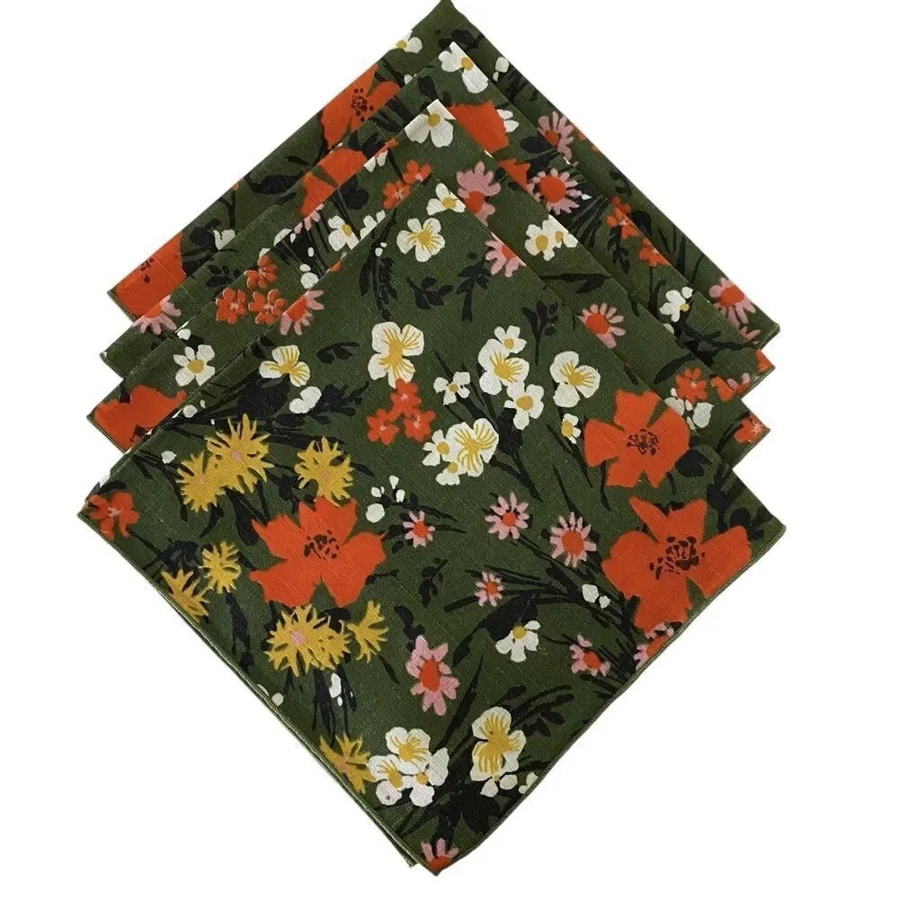 Lot of 4 Linen Napkins Green Floral  Cloth 16.5
